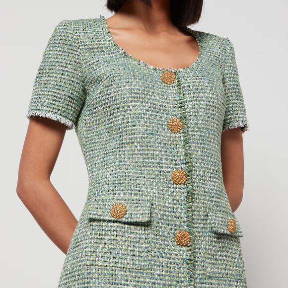 Self-Portrait Tweed Mini Dress Green Boucle Short Sleeve Button Front 10 NWT - Picture 3 of 12